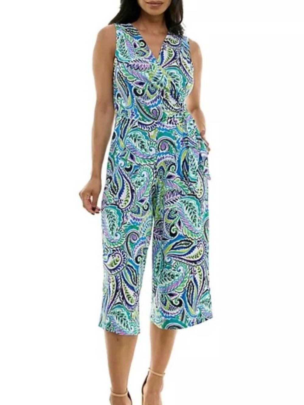 Nina Leonard, Size L, V-Neck Sleeveless Front Tie Waist cropped length Jumpsuit